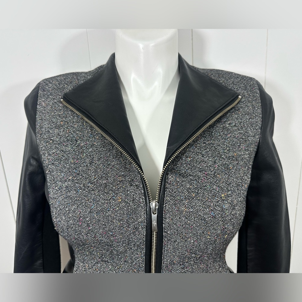 Cole Haan Sz 10 Gray Black Lambskin Leather Wool Blend Tweed Full Zip Jacket - Picture 2 of 14
